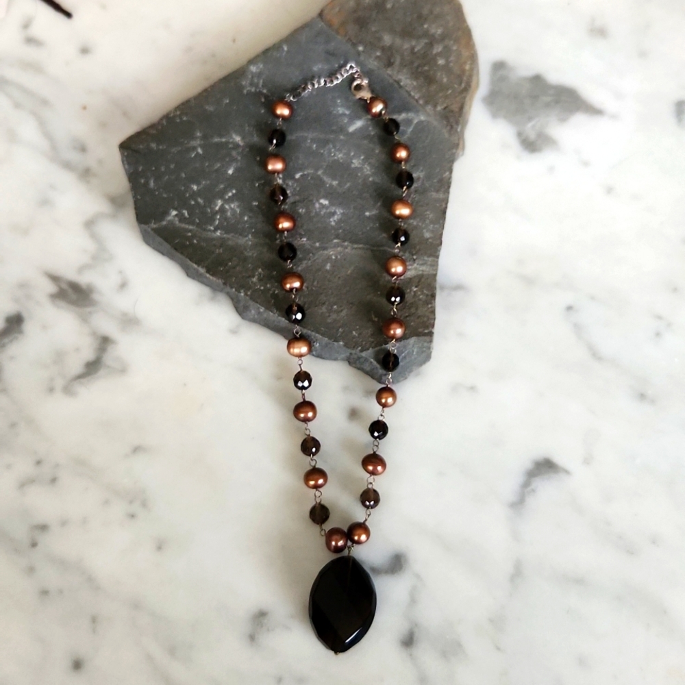 *Smoky Quartz, Pearl, Sterling Silver Necklace NWOT